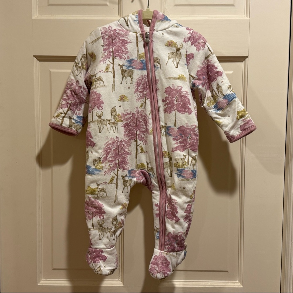 Burt's Bees Pink Woodland Printed Cotton Thermal Footed Onesie Hooded 3-6 M
